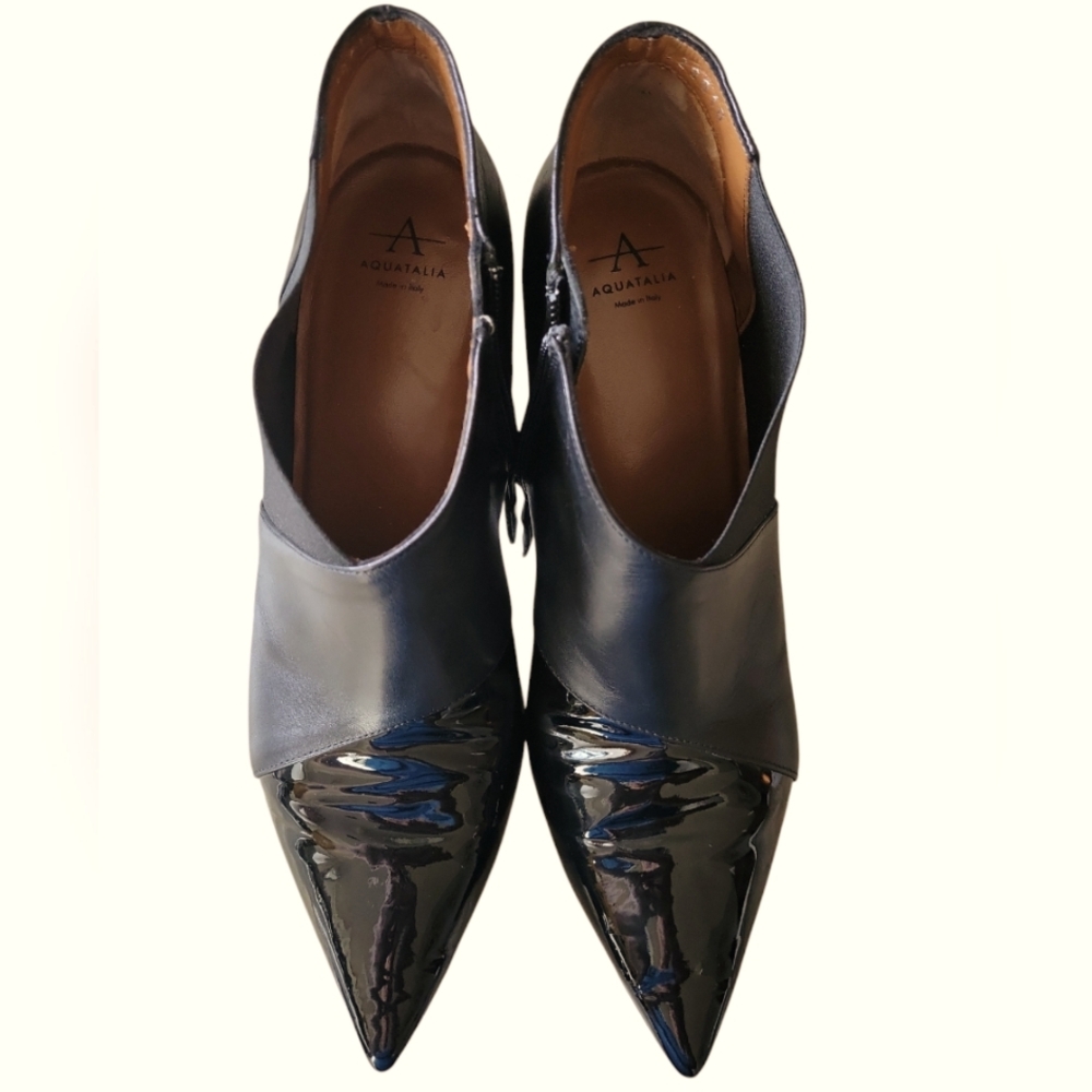 Aquatalia Black Patent Leather Pointed Ankle Booties
